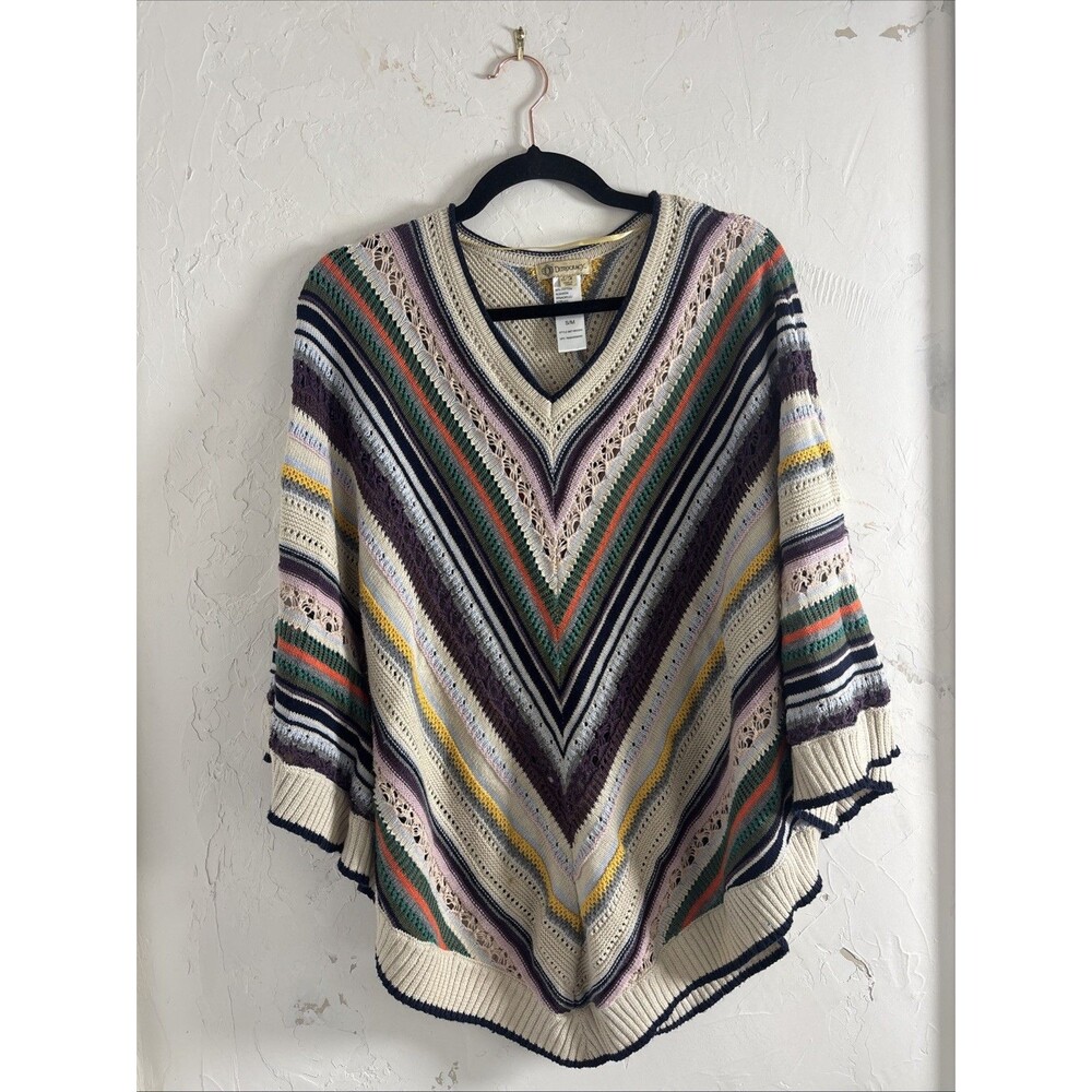 Democracy Multicolor Crochet Knit Poncho Sweater S/M Boho V-Neck Oversized - Picture 2 of 5